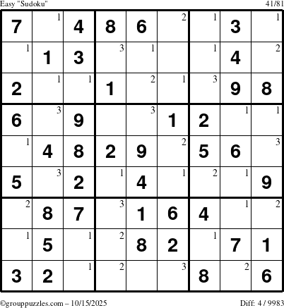 The grouppuzzles.com Easy Sudoku puzzle for Wednesday October 15, 2025 with the first 3 steps marked