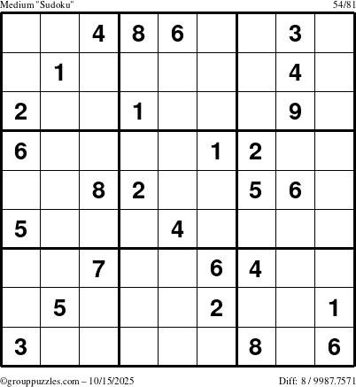 The grouppuzzles.com Medium Sudoku puzzle for Wednesday October 15, 2025
