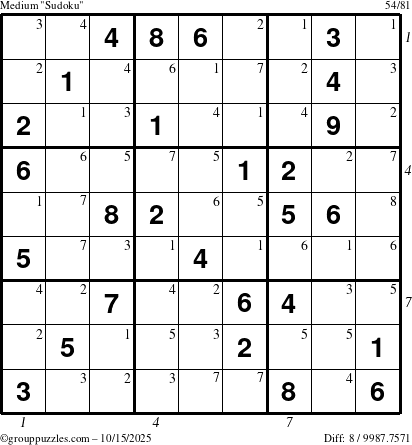 The grouppuzzles.com Medium Sudoku puzzle for Wednesday October 15, 2025 with all 8 steps marked