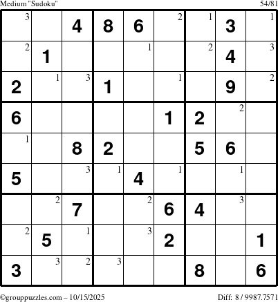 The grouppuzzles.com Medium Sudoku puzzle for Wednesday October 15, 2025 with the first 3 steps marked