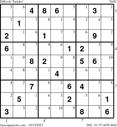 The grouppuzzles.com Difficult Sudoku puzzle for Wednesday October 15, 2025 with all 10 steps marked