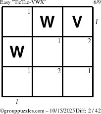 The grouppuzzles.com Easy TicTac-VWX puzzle for Wednesday October 15, 2025 with all 2 steps marked