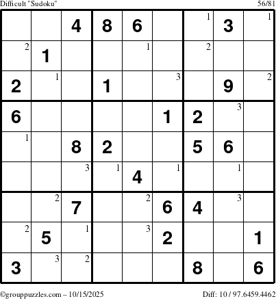The grouppuzzles.com Difficult Sudoku puzzle for Wednesday October 15, 2025 with the first 3 steps marked
