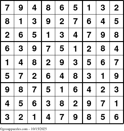 The grouppuzzles.com Answer grid for the Sudoku puzzle for Wednesday October 15, 2025