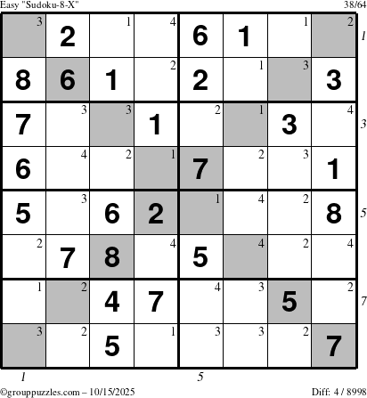 The grouppuzzles.com Easy Sudoku-8-X puzzle for Wednesday October 15, 2025 with all 4 steps marked
