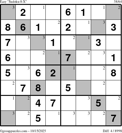The grouppuzzles.com Easy Sudoku-8-X puzzle for Wednesday October 15, 2025 with the first 3 steps marked