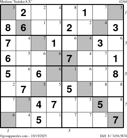 The grouppuzzles.com Medium Sudoku-8-X puzzle for Wednesday October 15, 2025 with all 8 steps marked