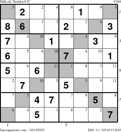 The grouppuzzles.com Difficult Sudoku-8-X puzzle for Wednesday October 15, 2025 with all 11 steps marked