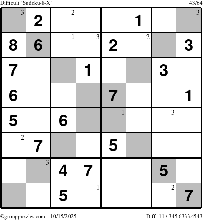 The grouppuzzles.com Difficult Sudoku-8-X puzzle for Wednesday October 15, 2025 with the first 3 steps marked