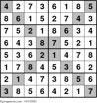 The grouppuzzles.com Answer grid for the Sudoku-8-X puzzle for Wednesday October 15, 2025