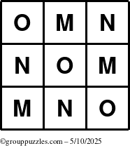 The grouppuzzles.com Answer grid for the TicTac-MNO puzzle for Saturday May 10, 2025