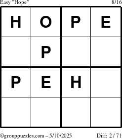 The grouppuzzles.com Easy Hope puzzle for Saturday May 10, 2025