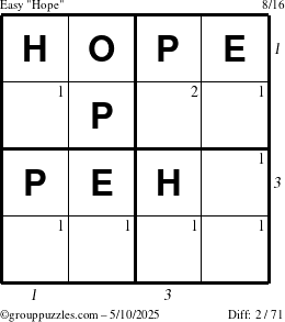 The grouppuzzles.com Easy Hope puzzle for Saturday May 10, 2025 with all 2 steps marked