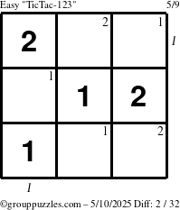 The grouppuzzles.com Easy TicTac-123 puzzle for Saturday May 10, 2025 with all 2 steps marked