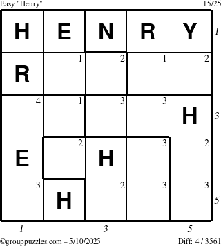 The grouppuzzles.com Easy Henry puzzle for Saturday May 10, 2025, suitable for printing, with all 4 steps marked