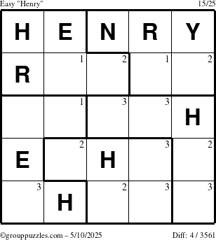 The grouppuzzles.com Easy Henry puzzle for Saturday May 10, 2025 with the first 3 steps marked