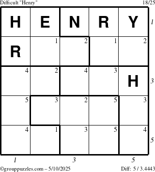 The grouppuzzles.com Difficult Henry puzzle for Saturday May 10, 2025, suitable for printing, with all 5 steps marked