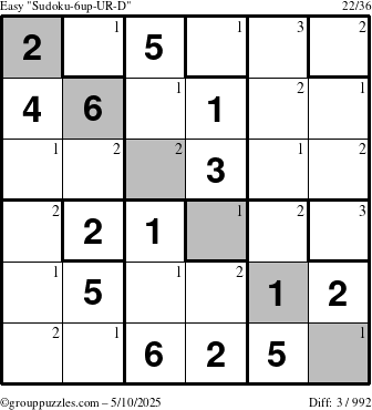 The grouppuzzles.com Easy Sudoku-6up-UR-D puzzle for Saturday May 10, 2025 with the first 3 steps marked