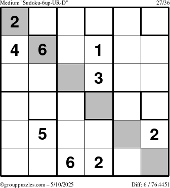 The grouppuzzles.com Medium Sudoku-6up-UR-D puzzle for Saturday May 10, 2025
