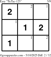 The grouppuzzles.com Easy TicTac-123 puzzle for Saturday May 10, 2025 with the first 2 steps marked