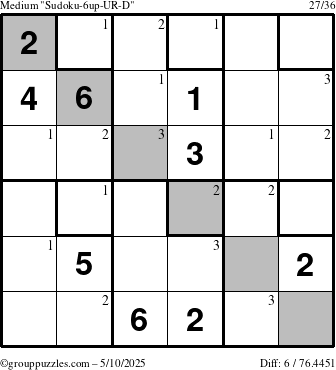 The grouppuzzles.com Medium Sudoku-6up-UR-D puzzle for Saturday May 10, 2025 with the first 3 steps marked