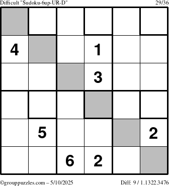 The grouppuzzles.com Difficult Sudoku-6up-UR-D puzzle for Saturday May 10, 2025