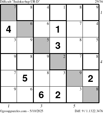The grouppuzzles.com Difficult Sudoku-6up-UR-D puzzle for Saturday May 10, 2025 with all 9 steps marked