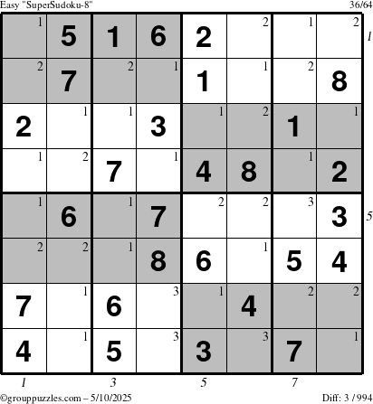 The grouppuzzles.com Easy SuperSudoku-8 puzzle for Saturday May 10, 2025 with all 3 steps marked