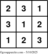 The grouppuzzles.com Answer grid for the TicTac-123 puzzle for Saturday May 10, 2025