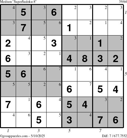The grouppuzzles.com Medium SuperSudoku-8 puzzle for Saturday May 10, 2025 with all 7 steps marked