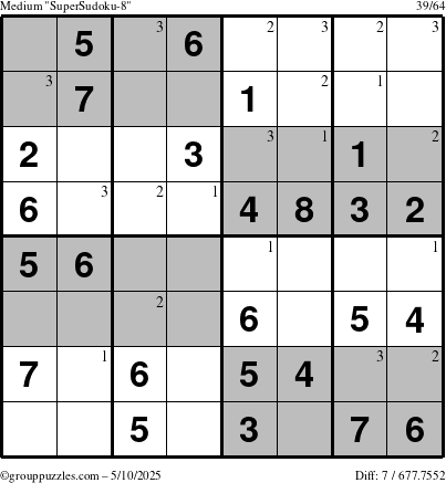The grouppuzzles.com Medium SuperSudoku-8 puzzle for Saturday May 10, 2025 with the first 3 steps marked
