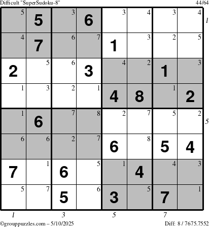 The grouppuzzles.com Difficult SuperSudoku-8 puzzle for Saturday May 10, 2025 with all 8 steps marked