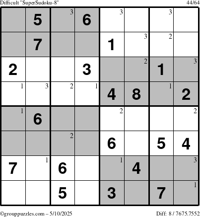 The grouppuzzles.com Difficult SuperSudoku-8 puzzle for Saturday May 10, 2025 with the first 3 steps marked