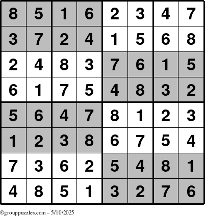 The grouppuzzles.com Answer grid for the SuperSudoku-8 puzzle for Saturday May 10, 2025