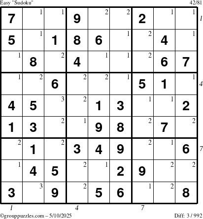 The grouppuzzles.com Easy Sudoku puzzle for Saturday May 10, 2025 with all 3 steps marked