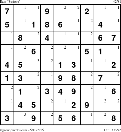 The grouppuzzles.com Easy Sudoku puzzle for Saturday May 10, 2025 with the first 3 steps marked