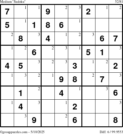 The grouppuzzles.com Medium Sudoku puzzle for Saturday May 10, 2025 with the first 3 steps marked
