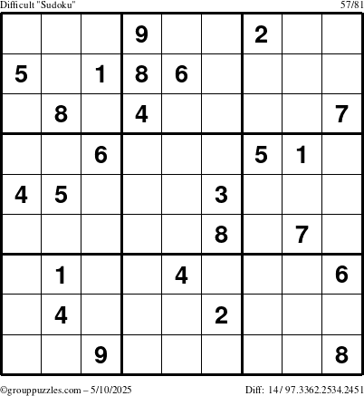 The grouppuzzles.com Difficult Sudoku puzzle for Saturday May 10, 2025