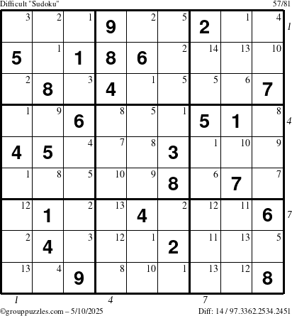 The grouppuzzles.com Difficult Sudoku puzzle for Saturday May 10, 2025 with all 14 steps marked