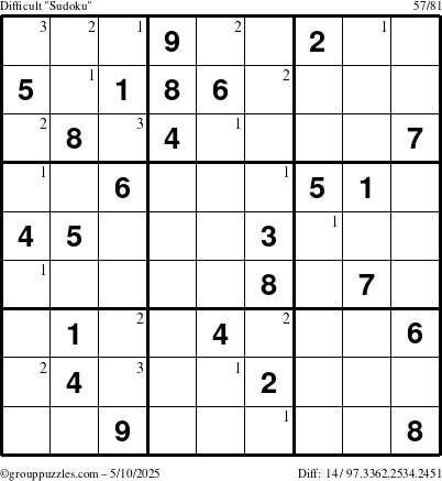 The grouppuzzles.com Difficult Sudoku puzzle for Saturday May 10, 2025 with the first 3 steps marked