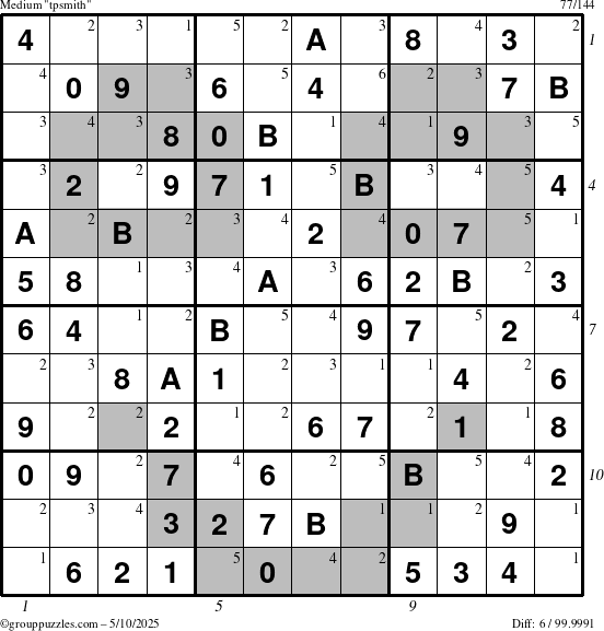 The grouppuzzles.com Medium tpsmith puzzle for Saturday May 10, 2025 with all 6 steps marked
