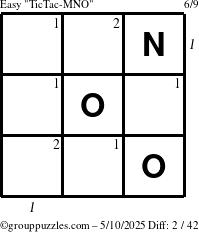 The grouppuzzles.com Easy TicTac-MNO puzzle for Saturday May 10, 2025, suitable for printing, with all 2 steps marked