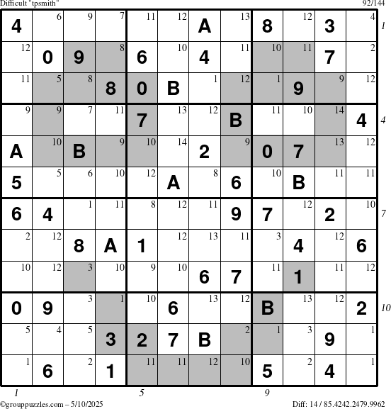 The grouppuzzles.com Difficult tpsmith puzzle for Saturday May 10, 2025 with all 14 steps marked