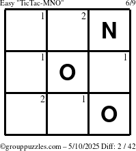 The grouppuzzles.com Easy TicTac-MNO puzzle for Saturday May 10, 2025 with the first 2 steps marked