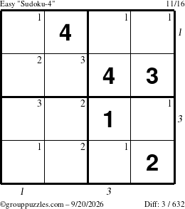 The grouppuzzles.com Easy Sudoku-4 puzzle for Sunday September 20, 2026, suitable for printing, with all 3 steps marked