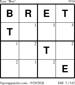 The grouppuzzles.com Easy Bret puzzle for Sunday September 20, 2026 with the first 3 steps marked