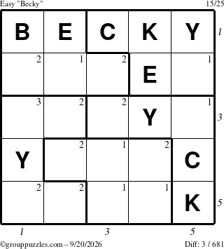 The grouppuzzles.com Easy Becky puzzle for Sunday September 20, 2026 with all 3 steps marked