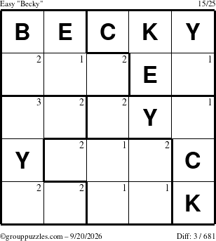 The grouppuzzles.com Easy Becky puzzle for Sunday September 20, 2026 with the first 3 steps marked