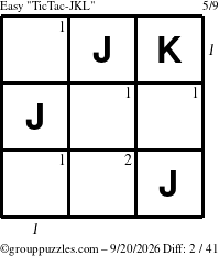 The grouppuzzles.com Easy TicTac-JKL puzzle for Sunday September 20, 2026, suitable for printing, with all 2 steps marked