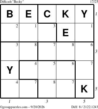 The grouppuzzles.com Difficult Becky puzzle for Sunday September 20, 2026, suitable for printing, with all 8 steps marked